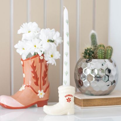 Picture of White Cowboy Boot Candle Holder with Taper Candle