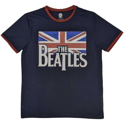 Picture of The Beatles Unisex Ringer T-Shirt: Drop T Logo & Vintage Flag
