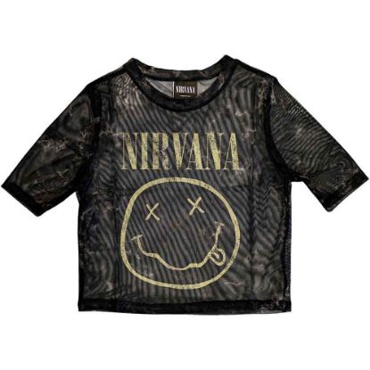 Picture of Nirvana Ladies Crop Top: Yellow Happy Face Mesh